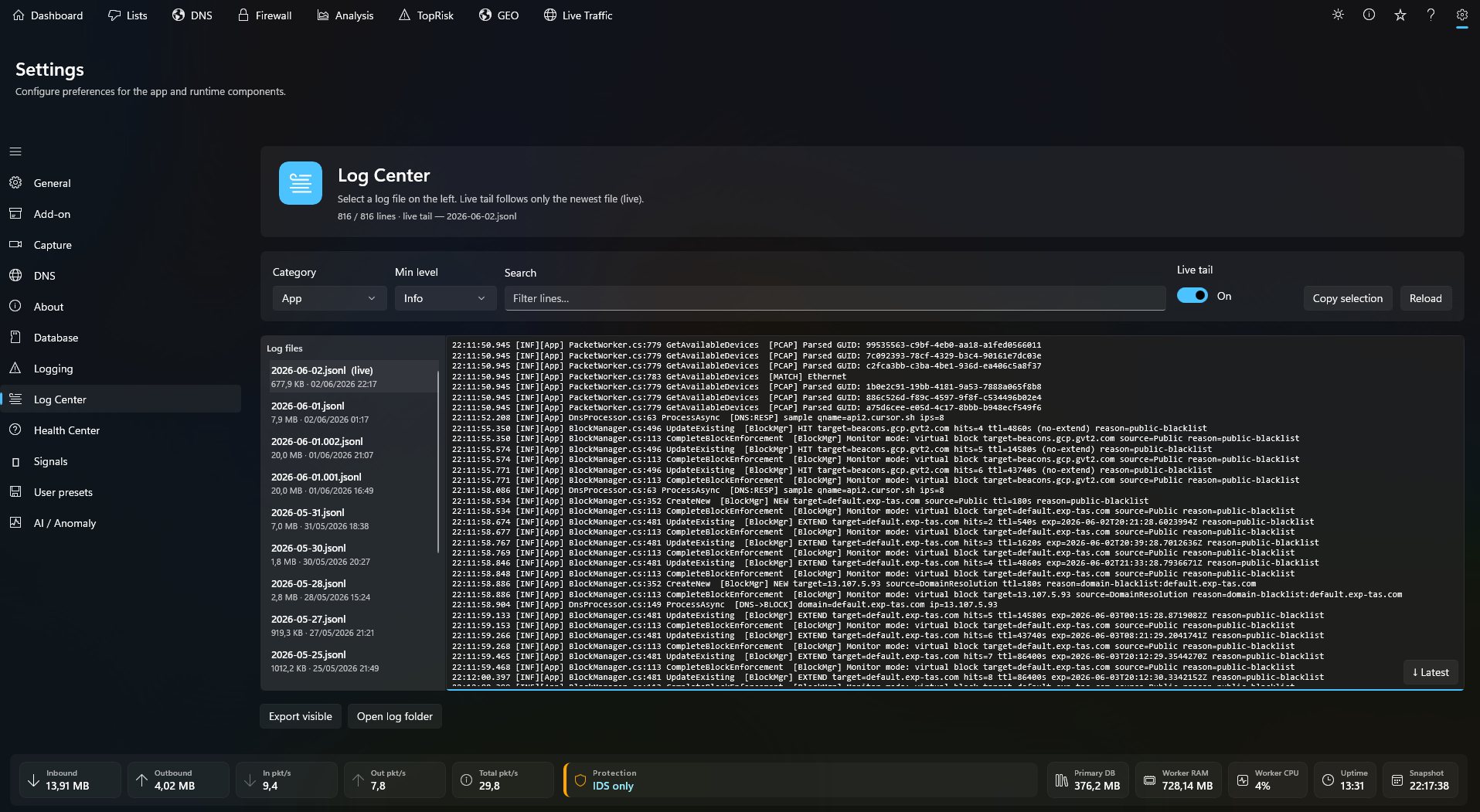 CustosXI Log Center with searchable network and security logs