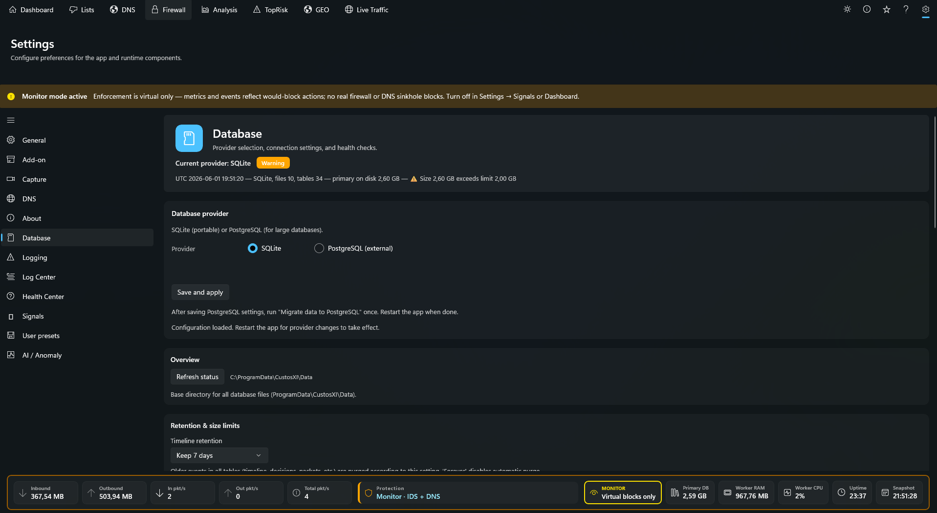 CustosXI local database storage and network data retention settings